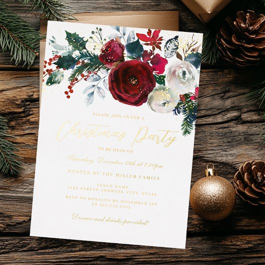 Invitation En Aluminium Jolly Gold Shimmer Fleurs de Noël