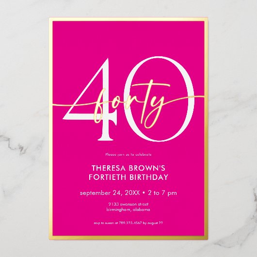 Invitation En Aluminium Jour d'anniversaire minimal rose Quarante Script (Recto)