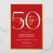 Invitation En Aluminium Jour d'anniversaire minimal rouge cinquante (Recto)