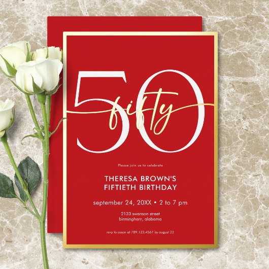 Invitation En Aluminium Jour d'anniversaire minimal rouge cinquante