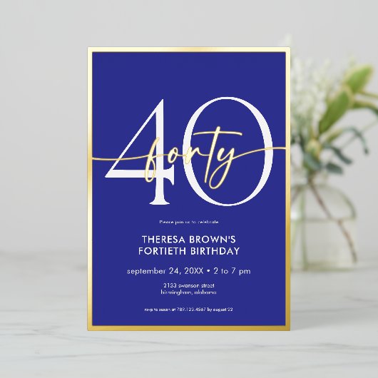 Invitation En Aluminium Jour d'anniversaire minimal Royal Blue Gold Script (Debout devant)