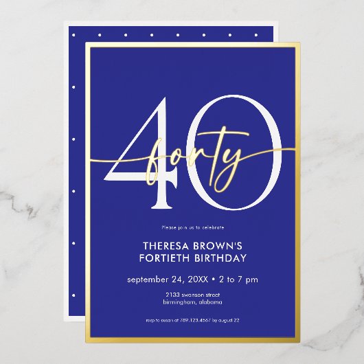 Invitation En Aluminium Jour d'anniversaire minimal Royal Blue Gold Script (Recto/Verso)