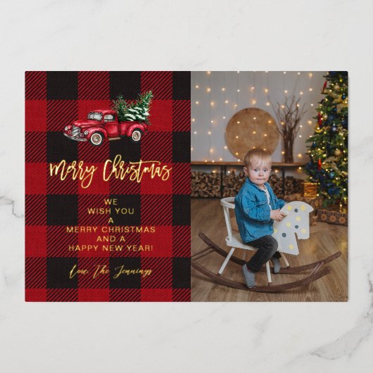 Invitation En Aluminium Joyeux Camion de Noël & Buffalo Check Photo V (Recto)