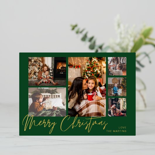 Invitation En Aluminium Joyeux Noël Gold Foil Multi Photo - Vert (Debout devant)