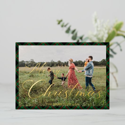 Invitation En Aluminium Joyeux Noël Script Marine Plaid Photo Holiday (Debout devant)