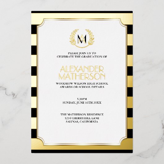 Invitation En Aluminium Laurel Monogrammed Black and FOIL Graduation Foil (Recto)