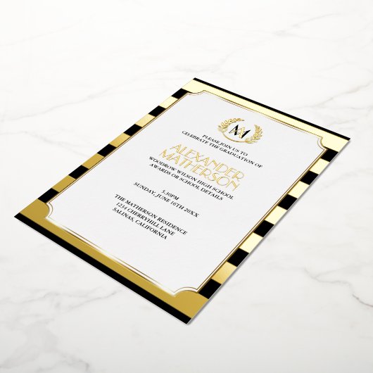 Invitation En Aluminium Laurel Monogrammed Black and FOIL Graduation Foil (Rotation)