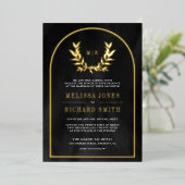 Invitation En Aluminium Laurel Wreath Feuilles Charcoal Grey Mariage Gold (Debout devant)