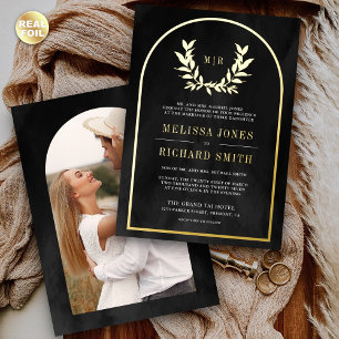 Invitation En Aluminium Laurel Wreath Feuilles Charcoal Grey Mariage Gold