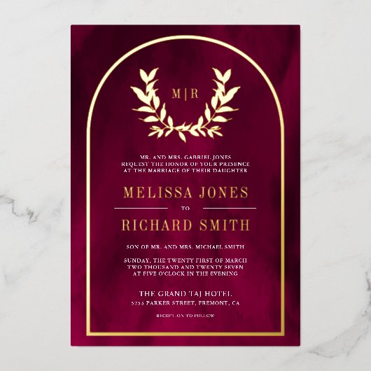 Invitation En Aluminium Laurel Wreath Feuilles Fuchsia Magenta Mariage Gol (Recto)