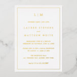 Invitation En Aluminium Lauren Monogram Mariage élégantRéception<br><div class="desc">Faire-part Mariage simple avec invitation à la réception avec un design moderne mais élégant avec votre monogramme à deux lettres en haut et vos détails entourés d'une fine bordure. Tout le texte et la bordure à l'avant sont en véritable feuille d'or. Un design chic et design qui conviendra à un...</div>