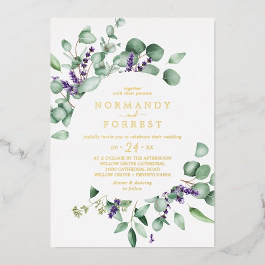 Invitation En Aluminium Lavande rustique | Mariage Décontracté Gold Foil (Recto)