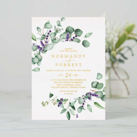 Invitation En Aluminium Lavande rustique | Mariage Décontracté Gold Foil (Debout devant)