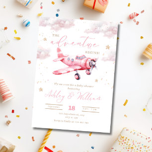 Invitation En Aluminium L'aventure Commence Fille au Petit Avion Rose Baby
