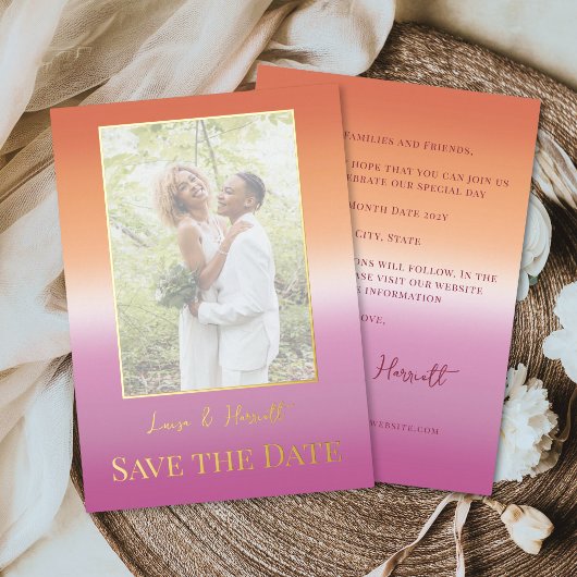 Invitation En Aluminium Lesbian Wedding Photo Pride Flag Gradient Gold