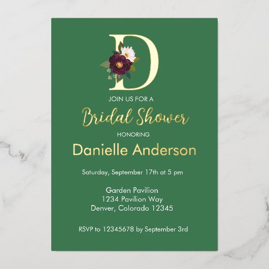 Invitation En Aluminium LETTRE MONOGRAPHIQUE Florale VERTE D Fête des mari (Recto)