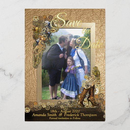 Invitation En Aluminium Lettres or Steampunk sur cuir Inspiration (Recto)