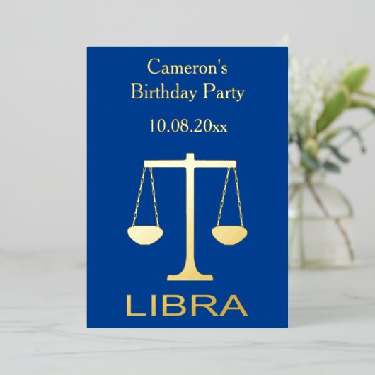 Invitation En Aluminium Libra Golden Scales Star Sign Custom Anniversaire (Debout devant)