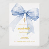 Invitation En Aluminium Light blue bow girl Confirmation gold foil (Recto)