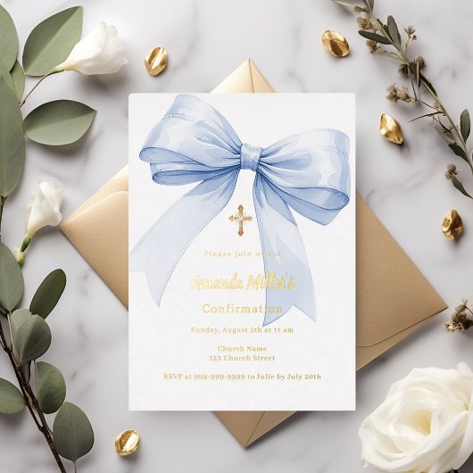 Invitation En Aluminium Light blue bow girl Confirmation gold foil