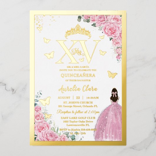Invitation En Aluminium Light Pink Roses Floral Quinceanera Mis XV Gold (Recto)