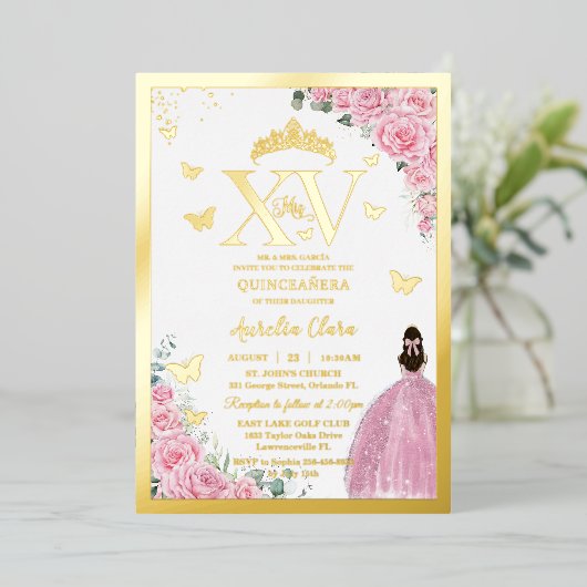 Invitation En Aluminium Light Pink Roses Floral Quinceanera Mis XV Gold (Debout devant)