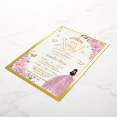 Invitation En Aluminium Light Pink Roses Floral Quinceanera Mis XV Gold (Rotation)