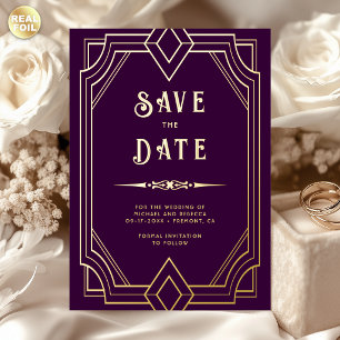 Invitation En Aluminium Ligne Art Déco Mariage Épargne Date Violet Or