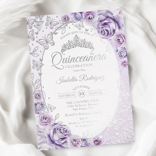 Invitation En Aluminium Lilas Violet Argent Floral Quinceanera