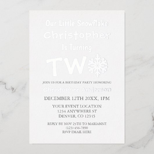 Invitation En Aluminium Little Snowflake 2e anniversaire (Recto)