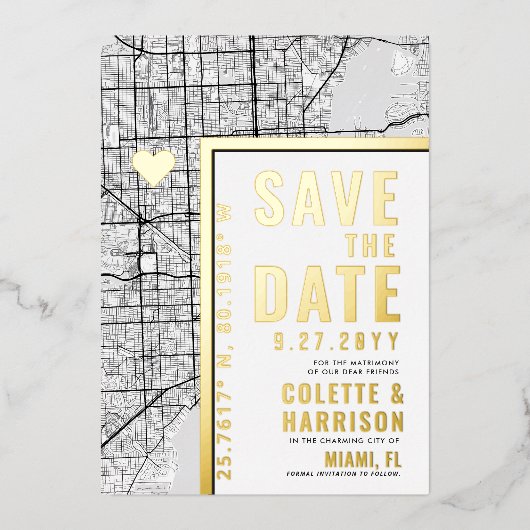 Invitation En Aluminium Localisateur d'amour de Miami | Économisez la date (Recto)