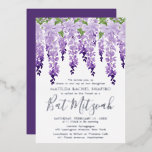 Invitation En Aluminium Logo de la Wisteria bat mitzvah Watercolor<br><div class="desc">Bat mitzvah Watercolor Wisteria Corporate Logo Silver Foil Invitation présente d'élégantes fleurs de glycine d'aquarelle en lavande douce et violet avec feuilles verts sur un arrière - plan blanc avec vos informations d'invitation Bat mitzvah ci-dessous dans la typographie de feuille d'argent. Personnalisez en modifiant le texte dans les zones de...</div>