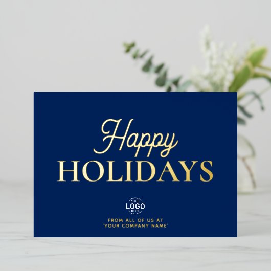 Invitation En Aluminium Logo Elegant Navy Blue Business Holiday Card (Debout devant)