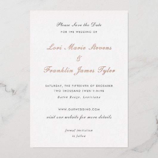 Invitation En Aluminium Lori Mariage formel élégant Enregistrer la date (Recto)