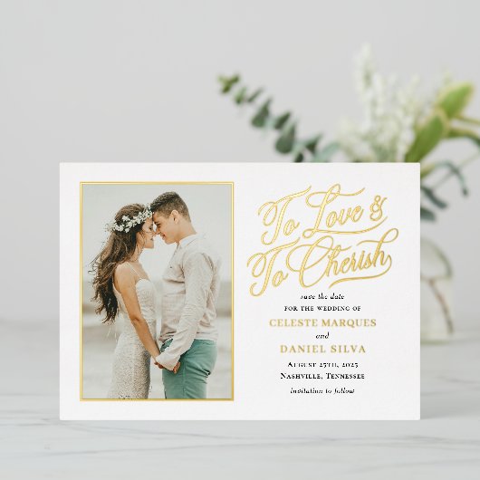 Invitation En Aluminium Love and Cherish FOIL Wedding Save The Date Card (Debout devant)