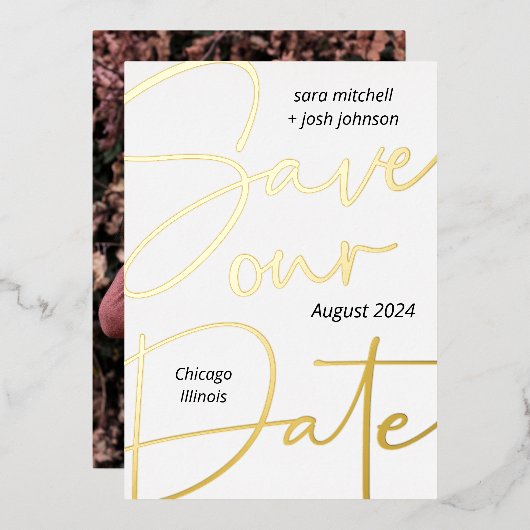 Invitation En Aluminium Lovely Gold Foil Script Minimal Enregistrer la dat (Recto/Verso)