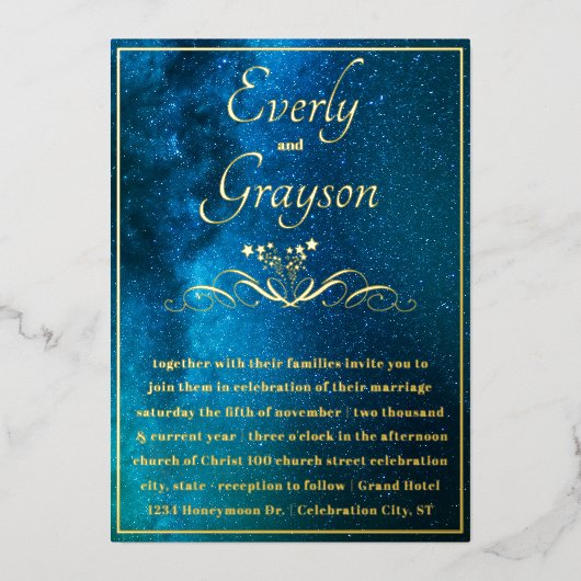 Invitation En Aluminium Lumières fées Mariage élégant et or (Recto)