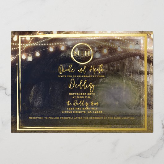 Invitation En Aluminium Lumières Forêt Misty Élégant Or Mariage Moderne (Recto)
