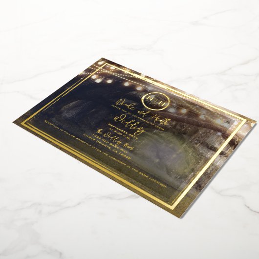 Invitation En Aluminium Lumières Forêt Misty Élégant Or Mariage Moderne (Rotation)