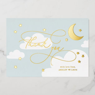 Invitation En Aluminium Lune et Étoiles Bleu Script Bébé Merci