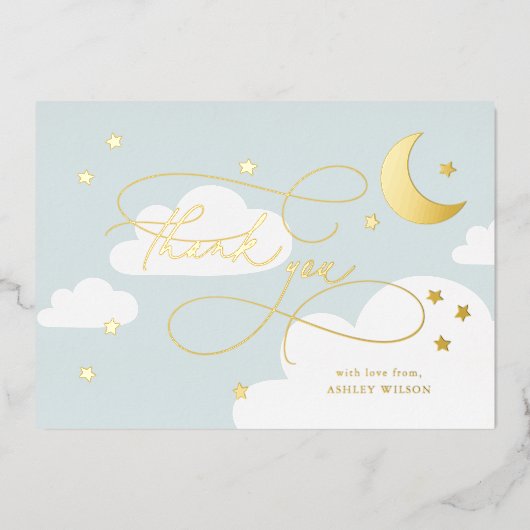 Invitation En Aluminium Lune et Étoiles Bleu Script Bébé Merci (Recto)