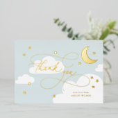 Invitation En Aluminium Lune et Étoiles Bleu Script Bébé Merci (Debout devant)
