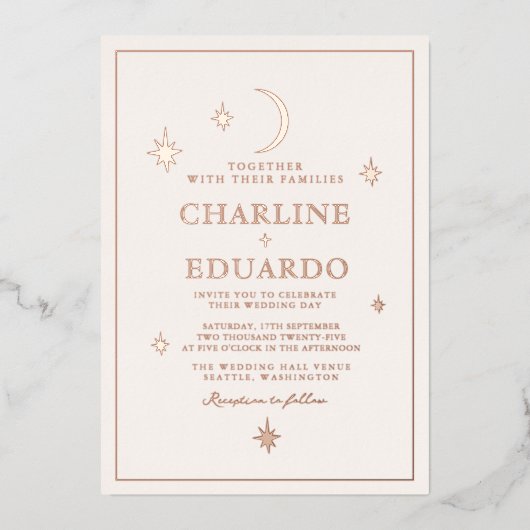 Invitation En Aluminium Lune et étoiles Céleste Starsign Mariage d'or (Recto)