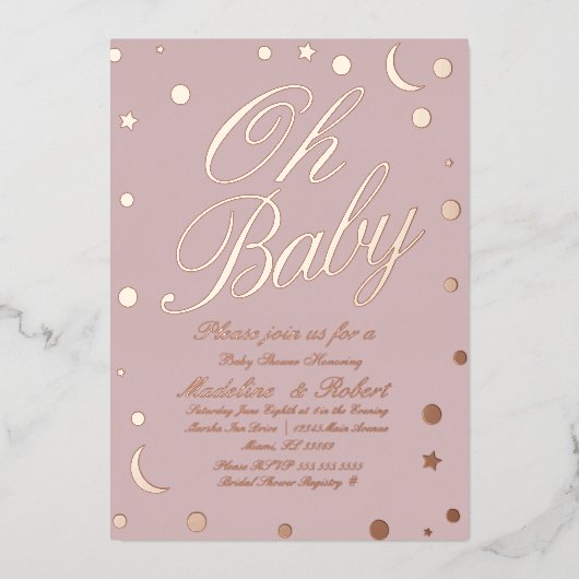 Invitation En Aluminium Lune et points Confetti Baby shower rose (Recto)