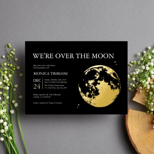 Invitation En Aluminium Lune Noire Or Lune Lunaire Céleste Baby shower mod
