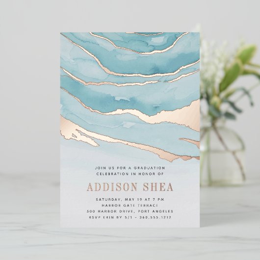 Invitation En Aluminium Luxe Aqua Marble Graduation Party (Debout devant)