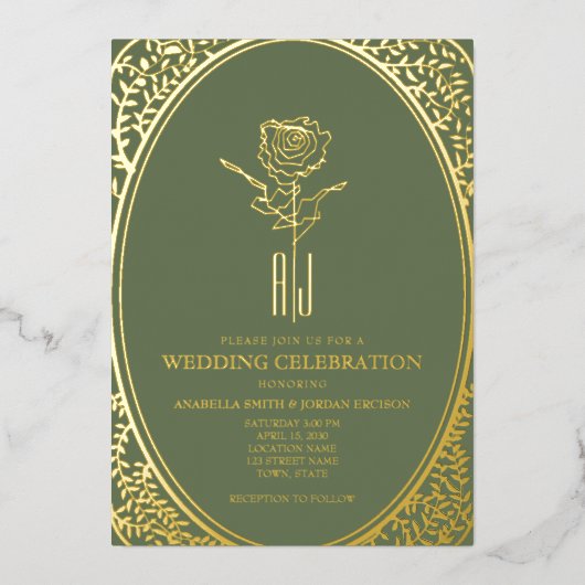 Invitation En Aluminium Luxe Baroque Vert et Mariage Or (Recto)