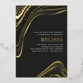 Invitation En Aluminium Luxe Black & Gold Liquid Marble fête d'anniversair (Recto)