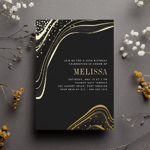 Invitation En Aluminium Luxe Black & Gold Liquid Marble fête d'anniversair