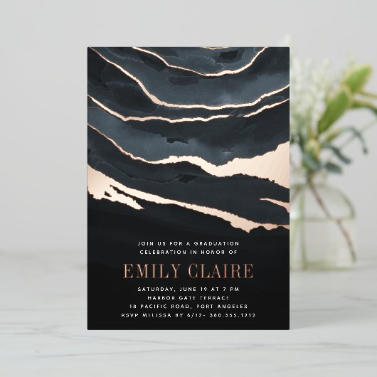 Invitation En Aluminium Luxe Dark Marble Graduation Party (Debout devant)